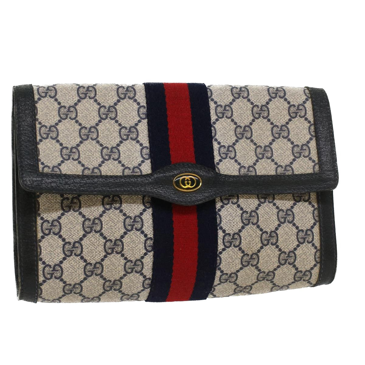GUCCI GG Canvas Sherry Line Clutch Bag PVC Leather Gray Red Navy