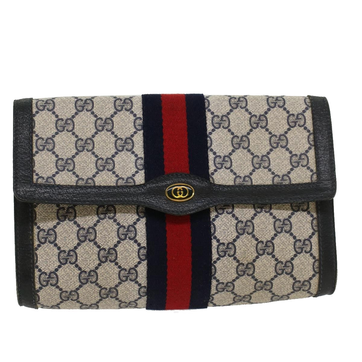 GUCCI GG Canvas Sherry Line Clutch Bag PVC Leather Gray Red Navy