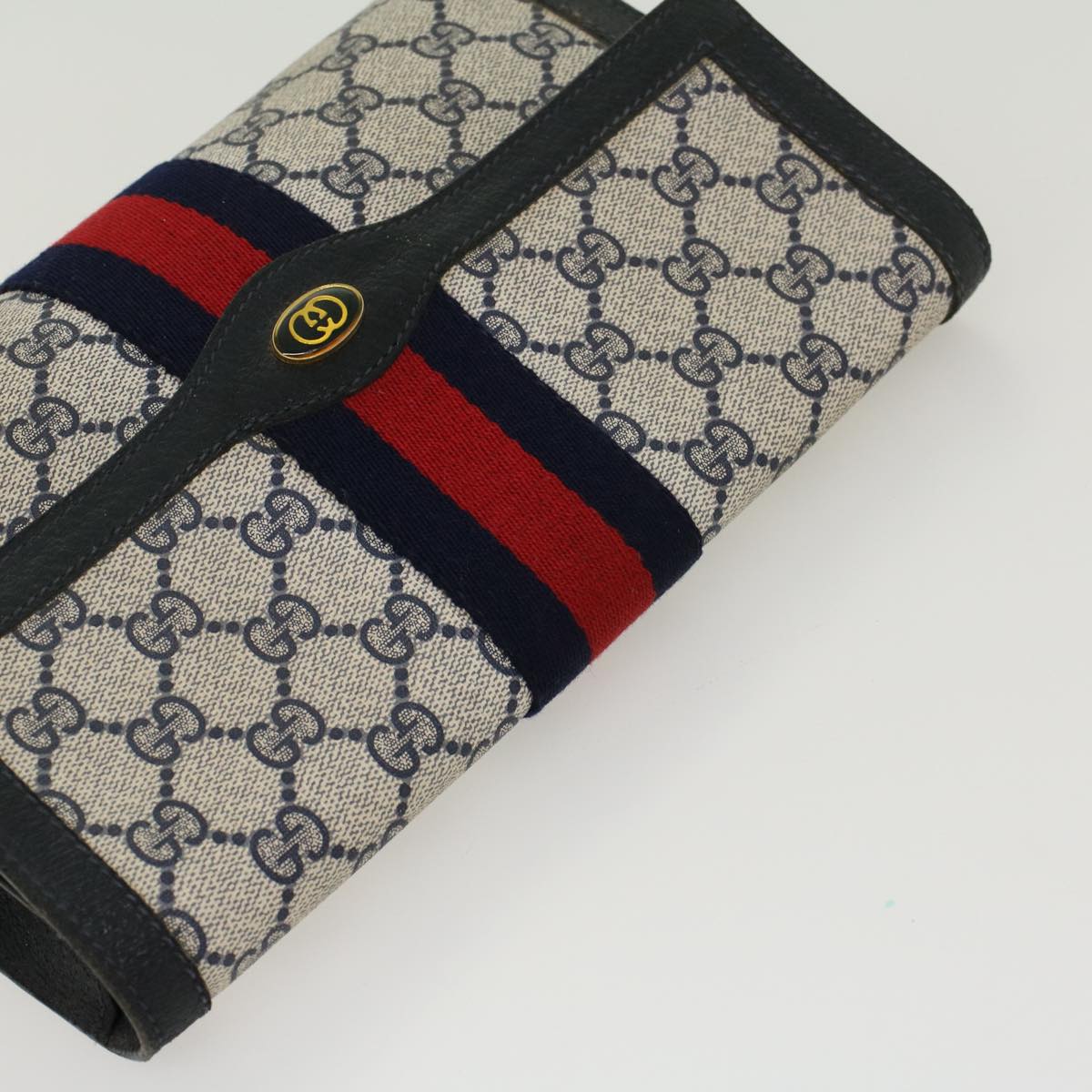 GUCCI GG Canvas Sherry Line Clutch Bag PVC Leather Gray Red Navy