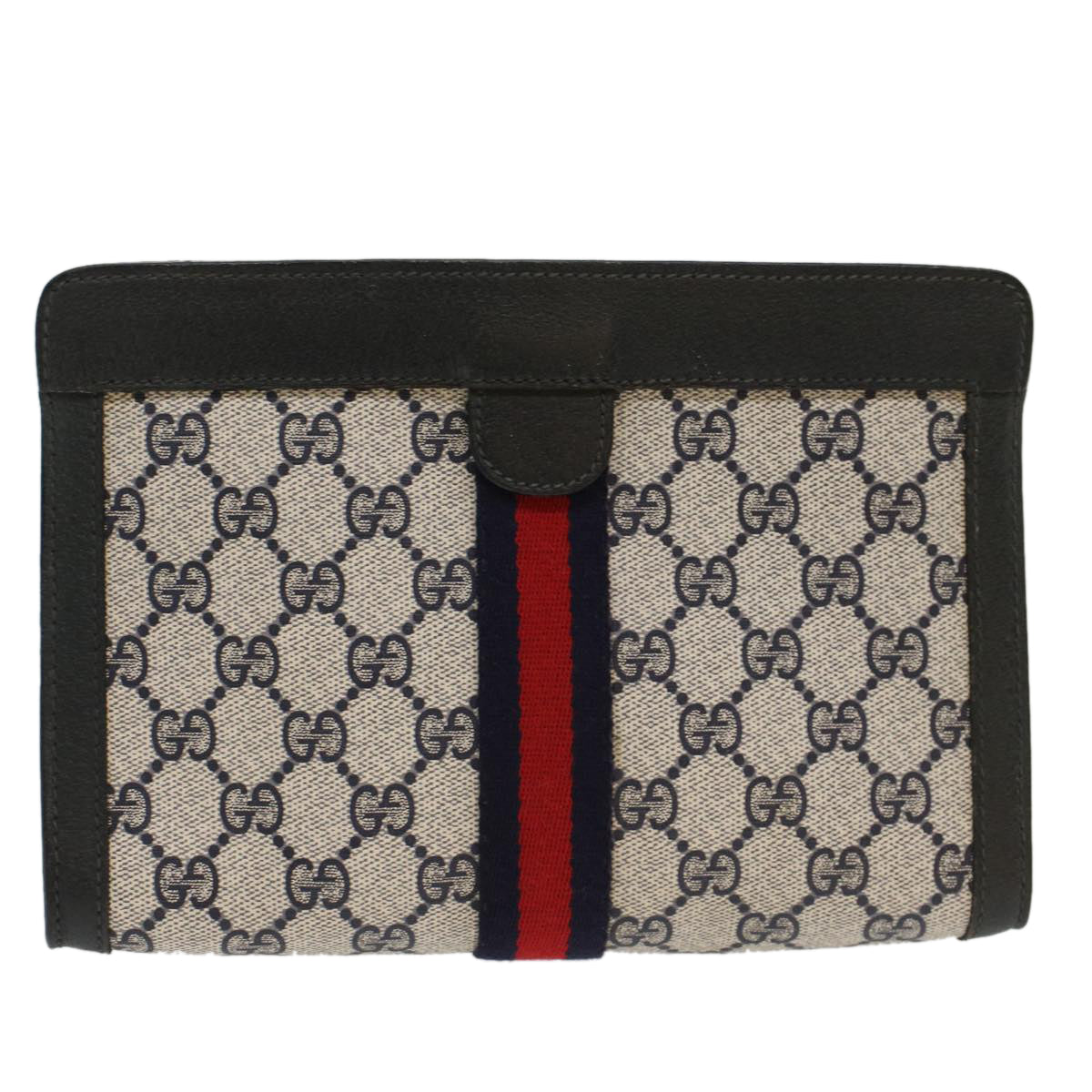 GUCCI GG Canvas Sherry Line Clutch Bag Gray Red Navy