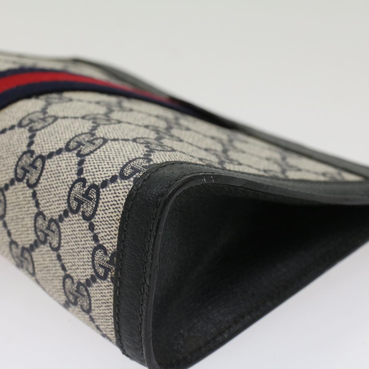 GUCCI GG Canvas Sherry Line Clutch Bag Gray Red Navy