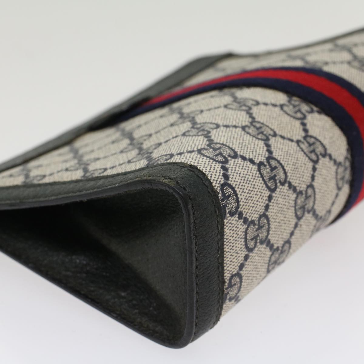 GUCCI GG Canvas Sherry Line Clutch Bag Gray Red Navy