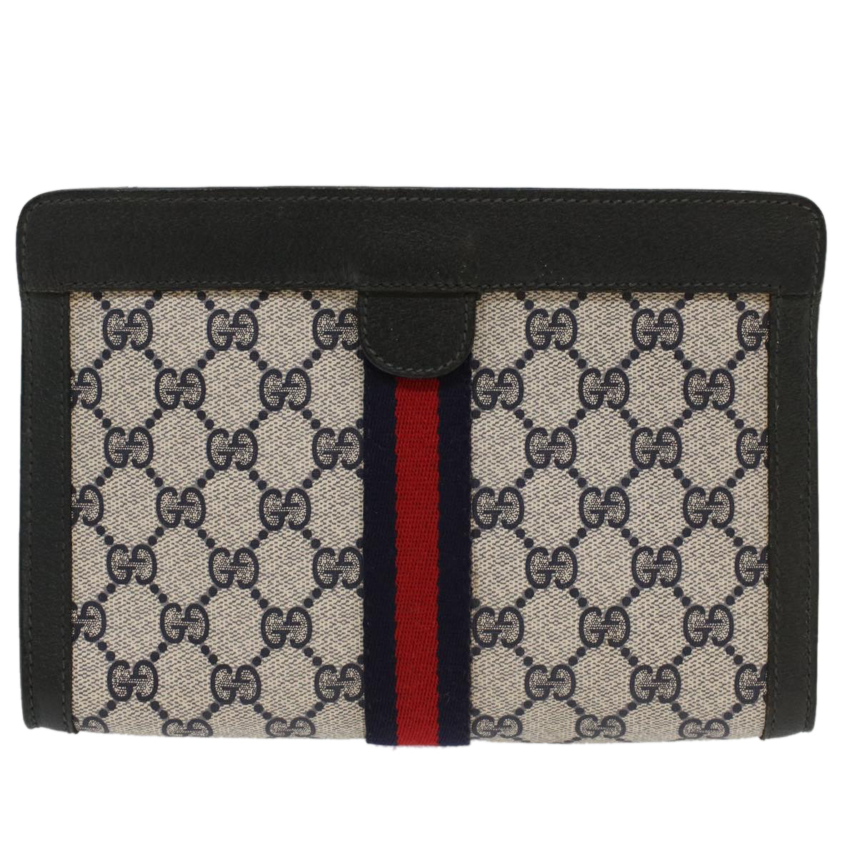 GUCCI GG Canvas Sherry Line Clutch Bag Gray Red Navy