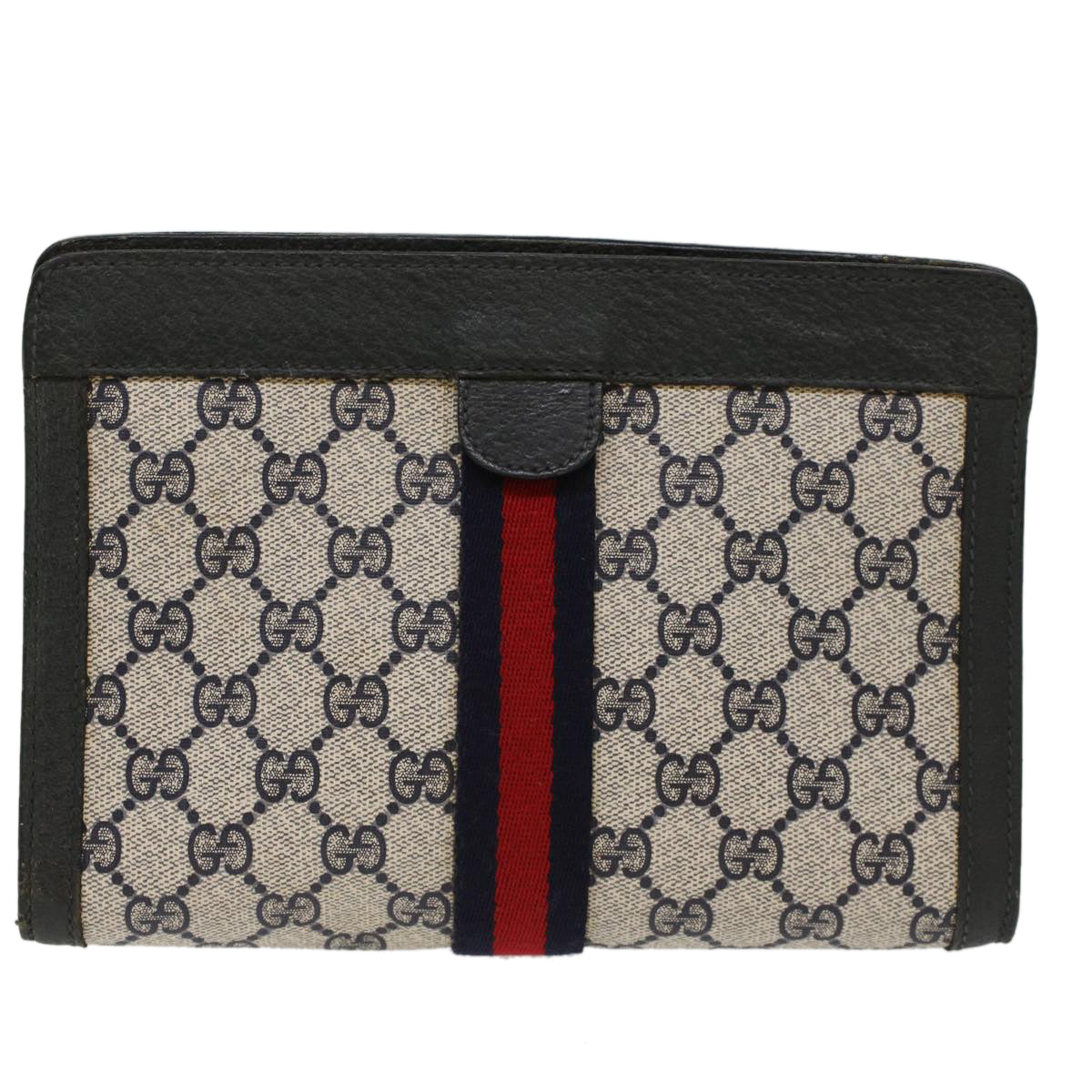 GUCCI GG Canvas Sherry Line Clutch Bag Gray Red Navy