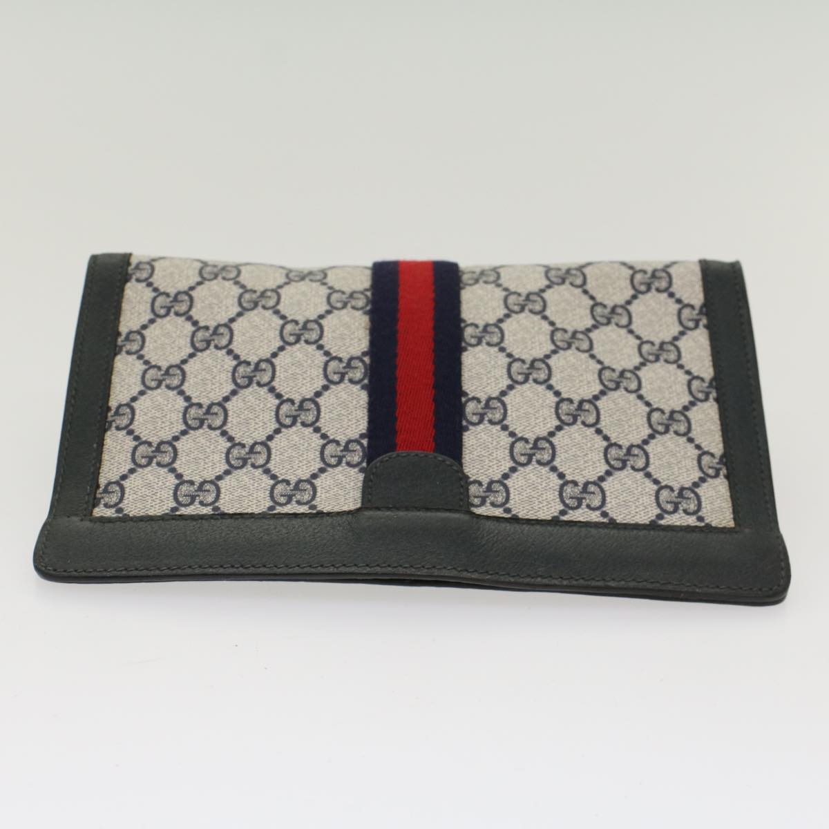 GUCCI GG Canvas Sherry Line Clutch Bag Gray Red Navy