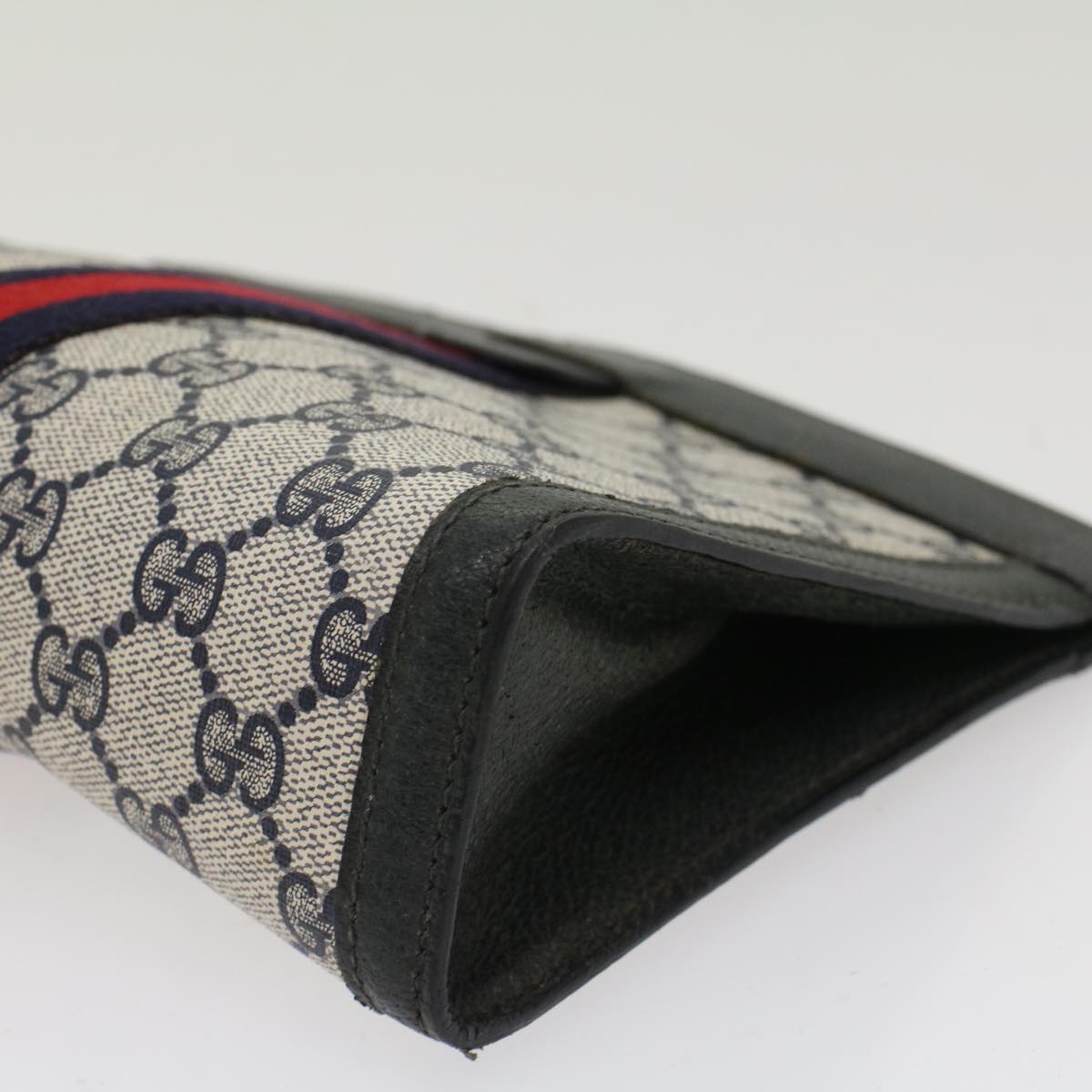 GUCCI GG Canvas Sherry Line Clutch Bag Gray Red Navy
