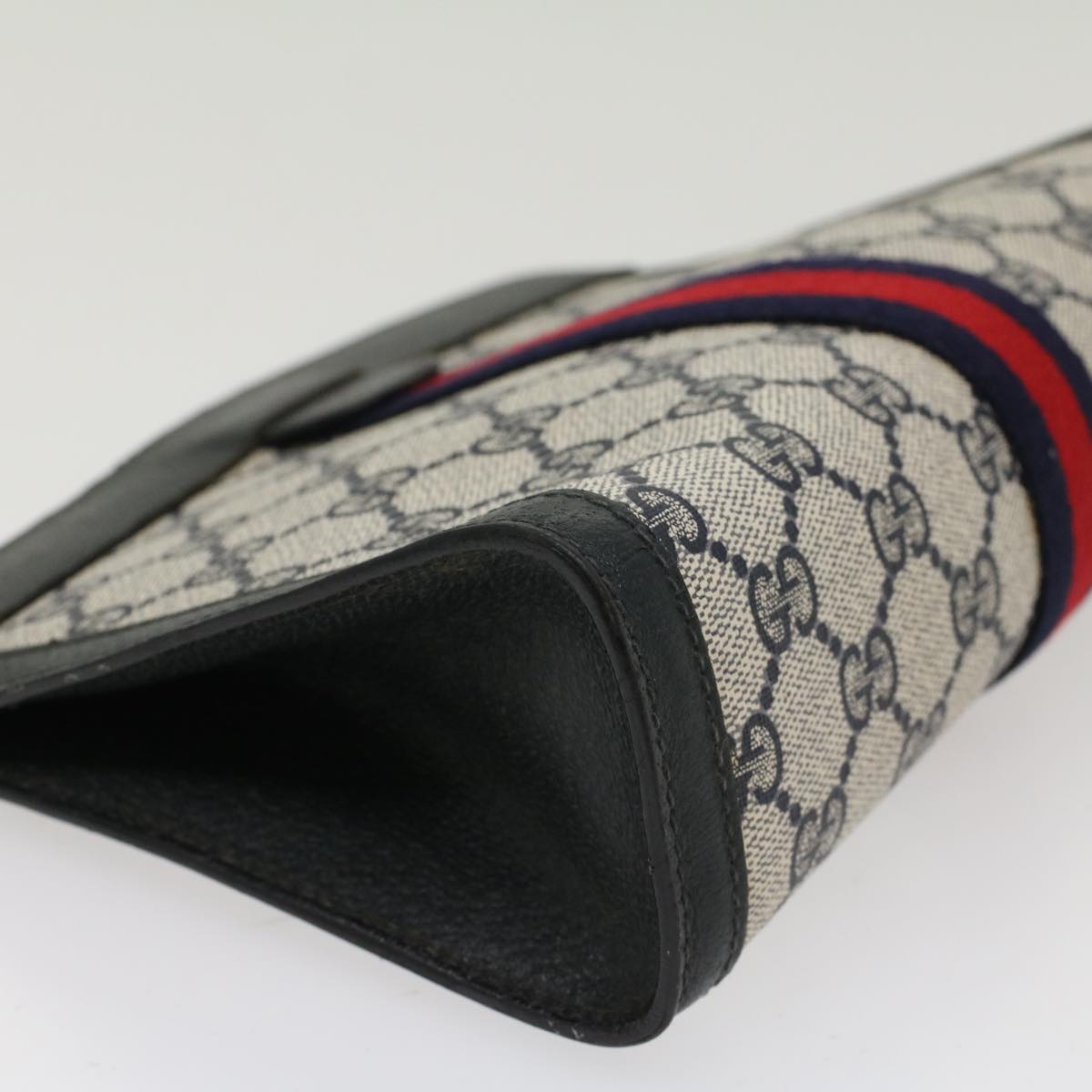 GUCCI GG Canvas Sherry Line Clutch Bag Gray Red Navy
