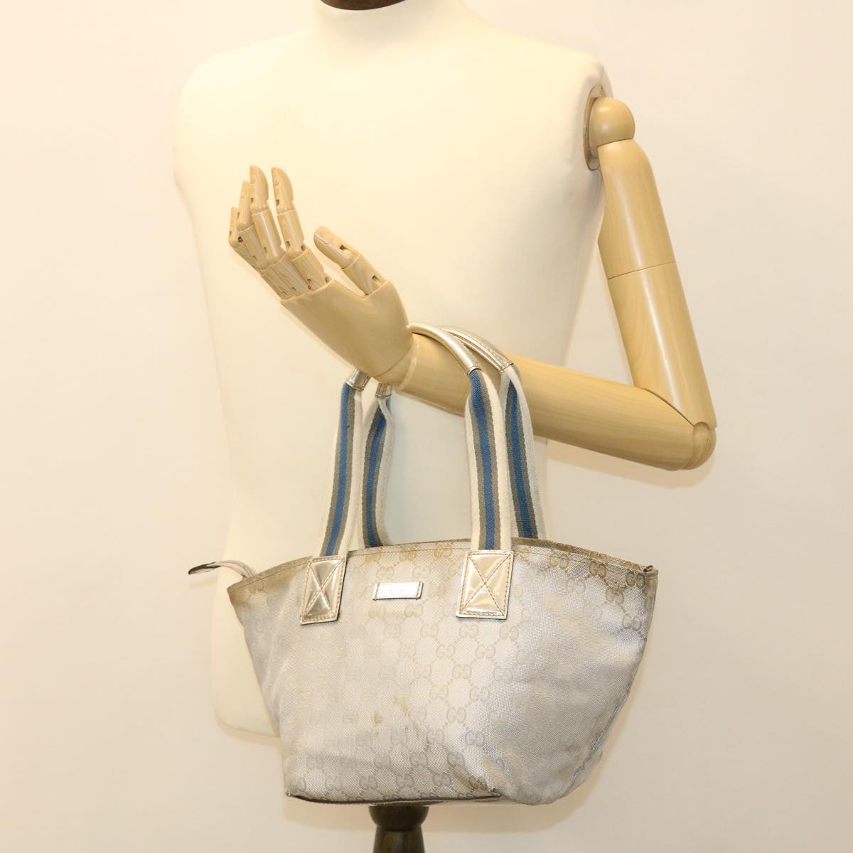 GUCCI GG Canvas Sherry Line Tote Bag Silver Blue gray 131223 yt974