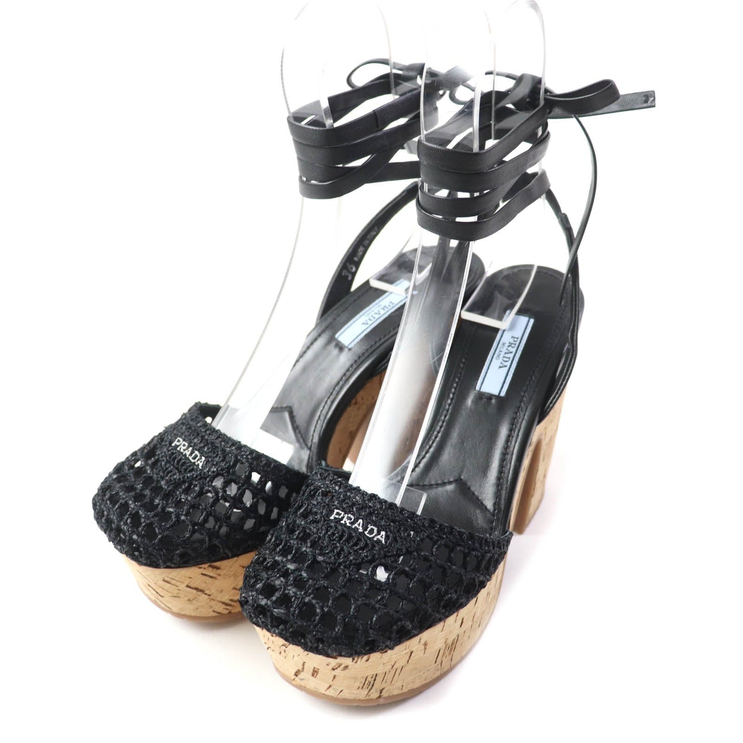 PRADA Sandals 1XZ753 Fabric, Leather black Ruffia Sandals/Wedge Sandals Triangle Logo Lace-Up Crochet 36