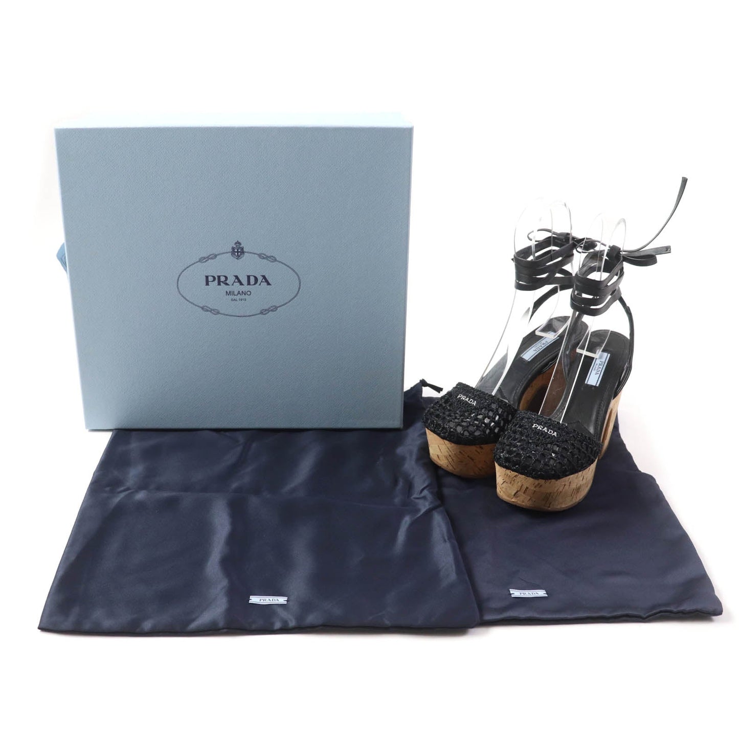 PRADA Sandals 1XZ753 Fabric, Leather black Ruffia Sandals/Wedge Sandals Triangle Logo Lace-Up Crochet 36
