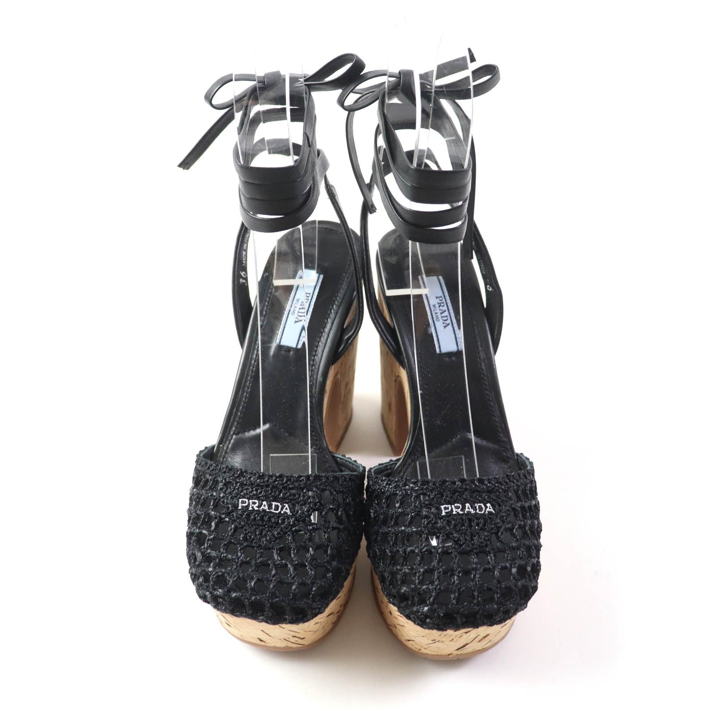 PRADA Sandals 1XZ753 Fabric, Leather black Ruffia Sandals/Wedge Sandals Triangle Logo Lace-Up Crochet 36