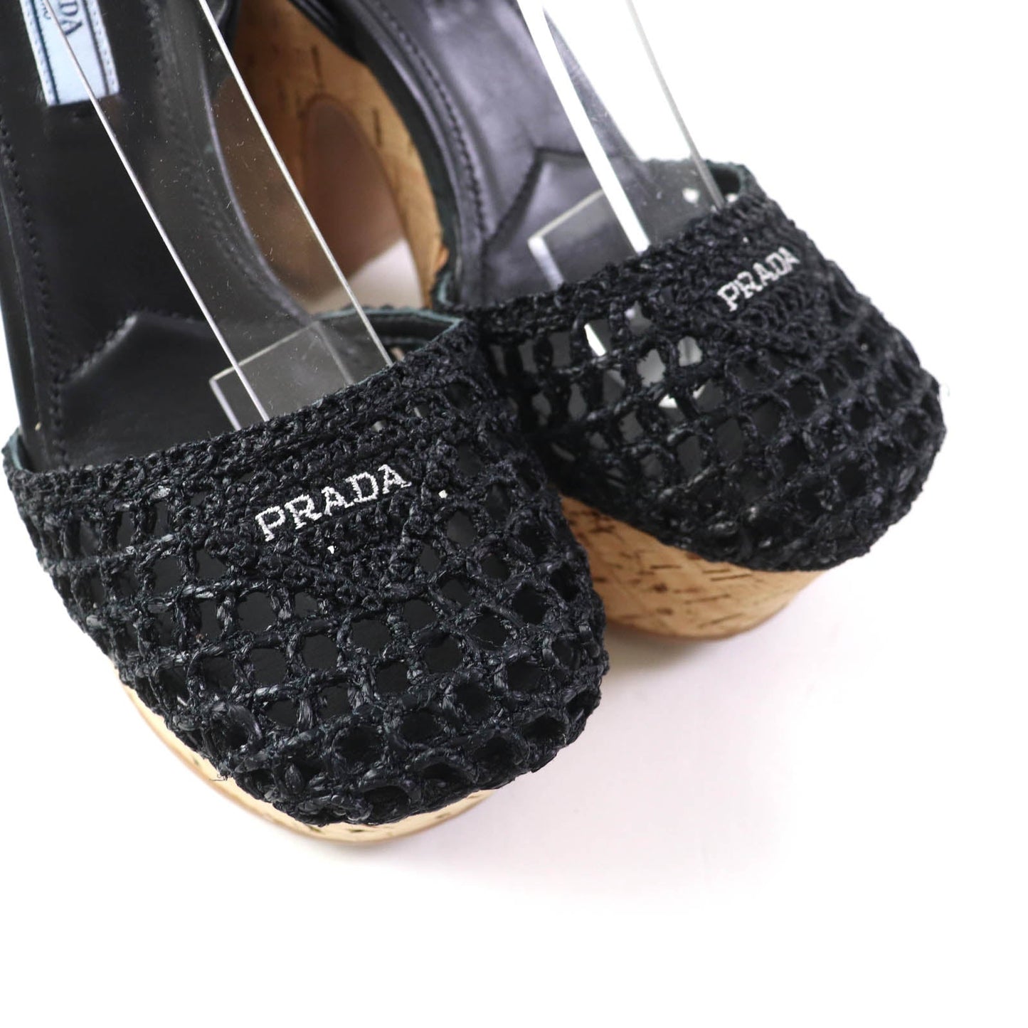 PRADA Sandals 1XZ753 Fabric, Leather black Ruffia Sandals/Wedge Sandals Triangle Logo Lace-Up Crochet 36