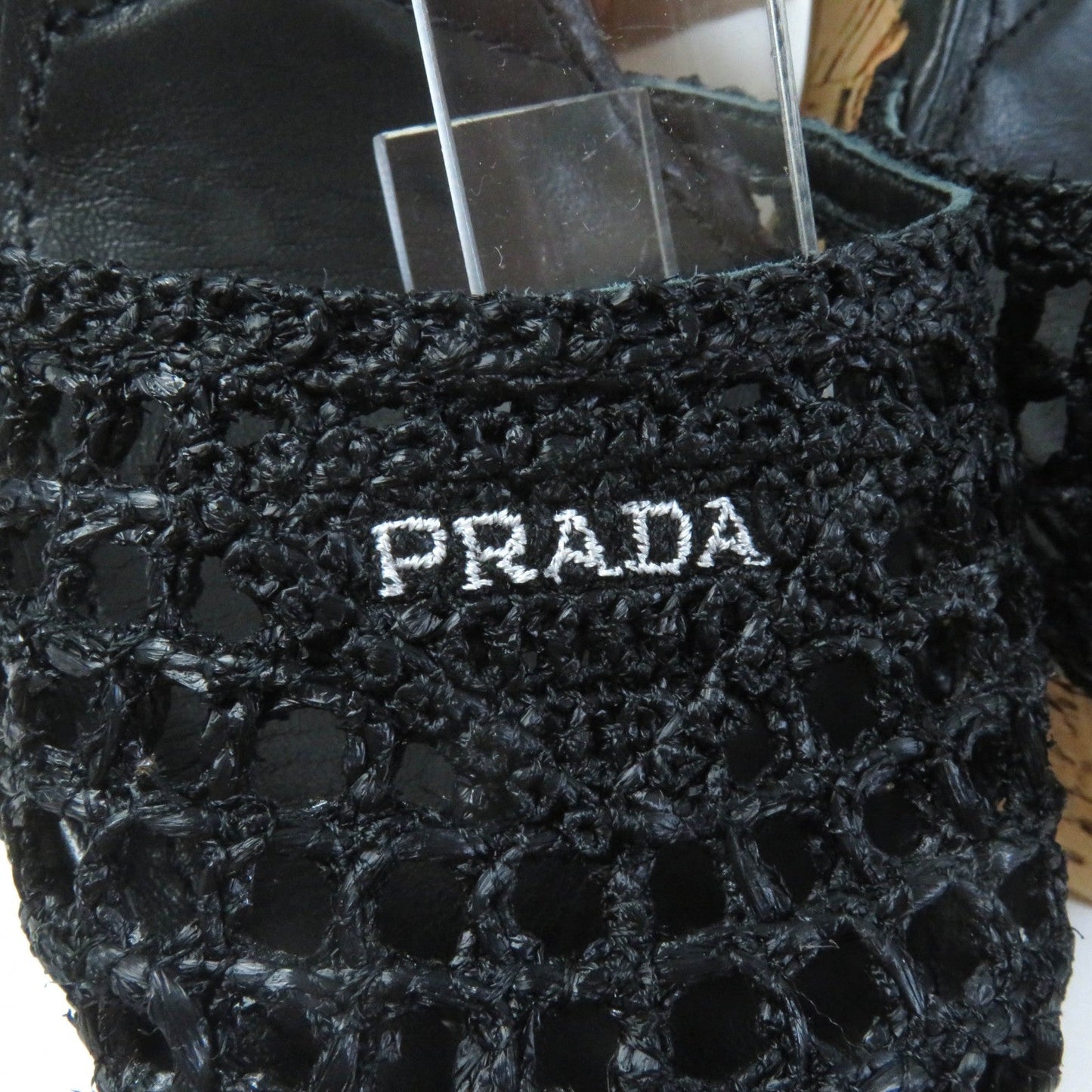 PRADA Sandals 1XZ753 Fabric, Leather black Ruffia Sandals/Wedge Sandals Triangle Logo Lace-Up Crochet 36