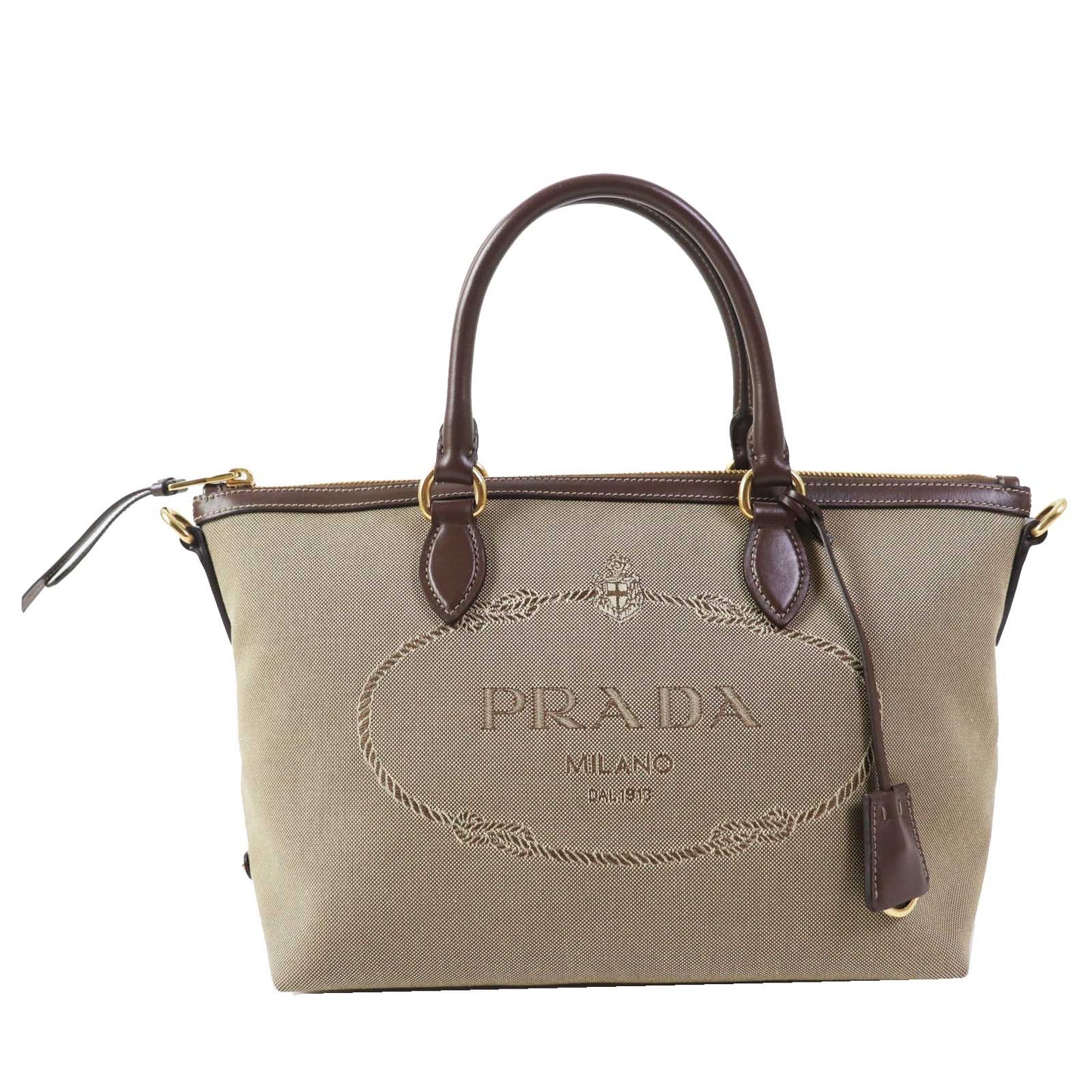 PRADA Handbag 1BA104 Leather canvas Beige Brown, CORDA BRUCIATO logo jacquard