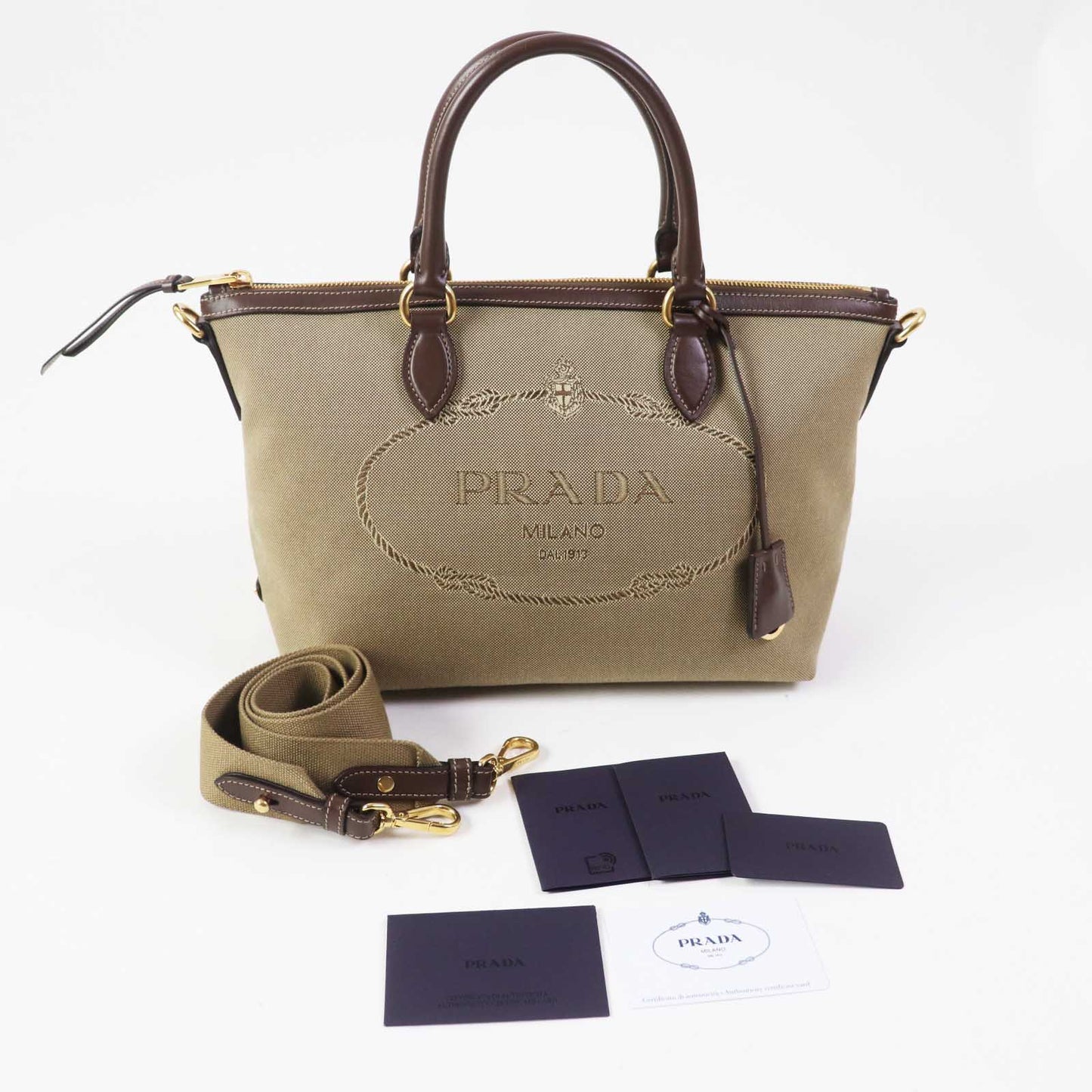 PRADA Handbag 1BA104 Leather canvas Beige Brown, CORDA BRUCIATO logo jacquard