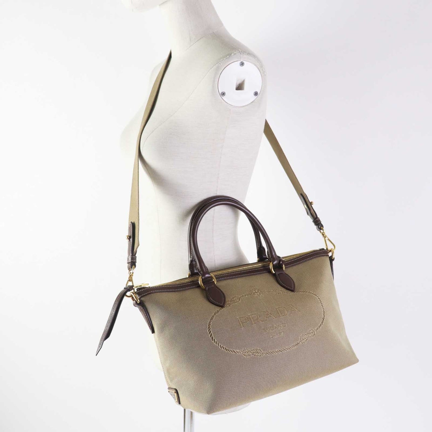 PRADA Handbag 1BA104 Leather canvas Beige Brown, CORDA BRUCIATO logo jacquard