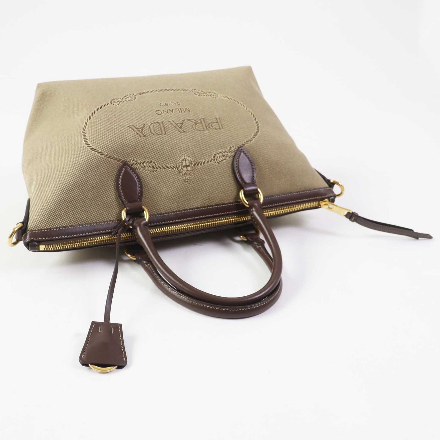 PRADA Handbag 1BA104 Leather canvas Beige Brown, CORDA BRUCIATO logo jacquard