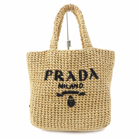 PRADA Tote Bag 1BG422 Main: Raffia Natural black small crochet Women Used