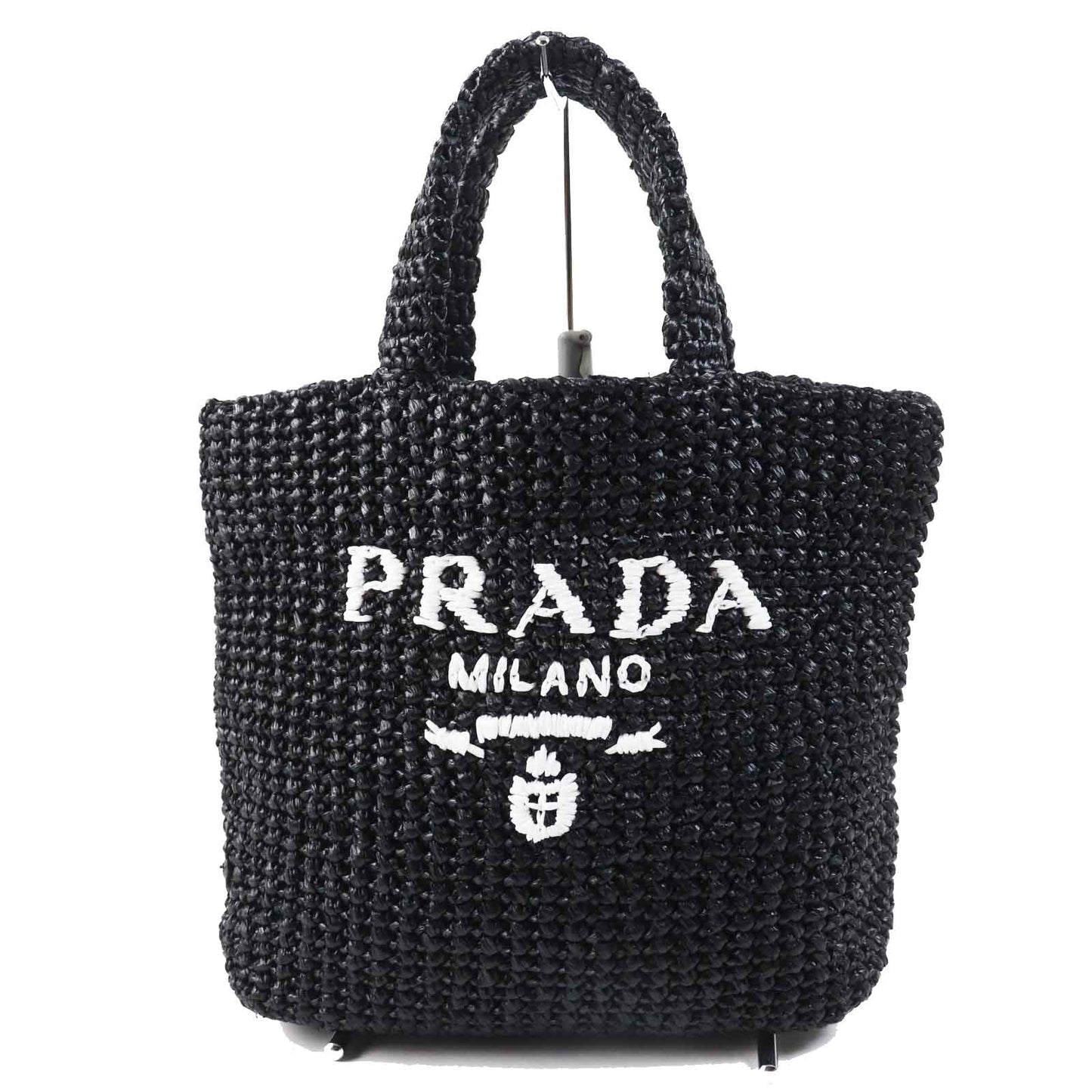 PRADA Tote Bag 1BG422 Raffia Black White small crochet