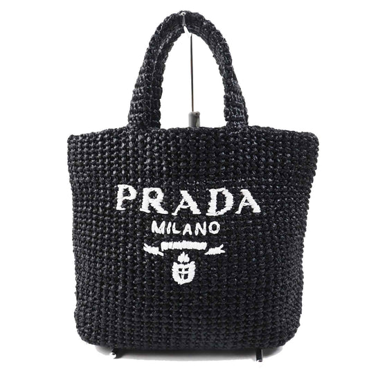 PRADA Tote Bag 1BG422 Raffia Black White small crochet