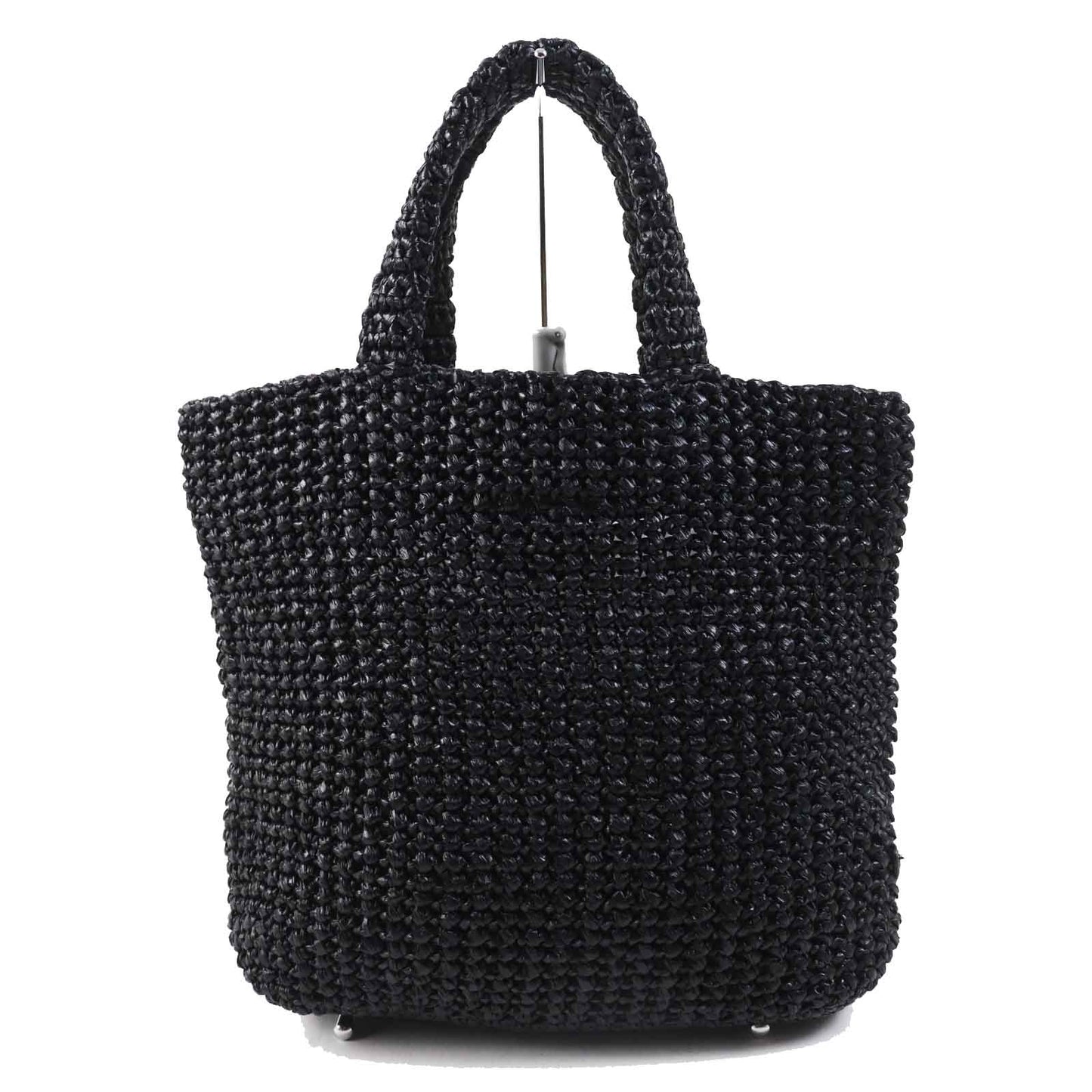 PRADA Tote Bag 1BG422 Raffia Black White small crochet