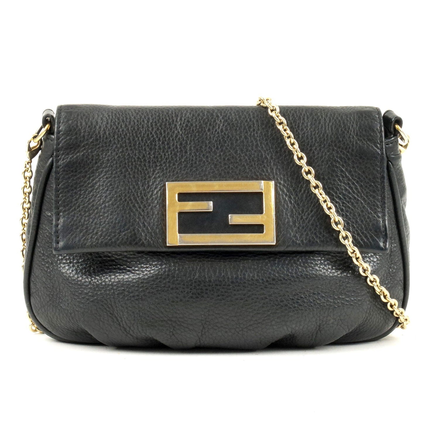 FENDI Leather Chain Shoulder Bag Purse Black 8M0276