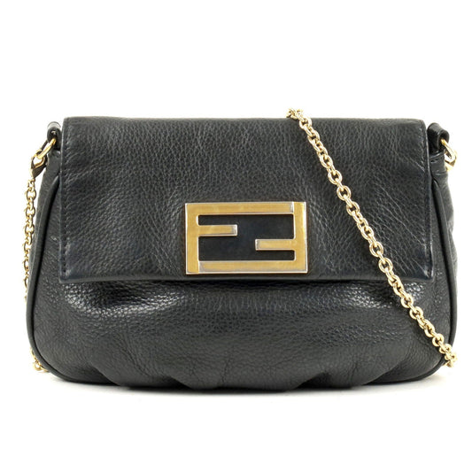 FENDI Leather Chain Shoulder Bag Purse Black 8M0276