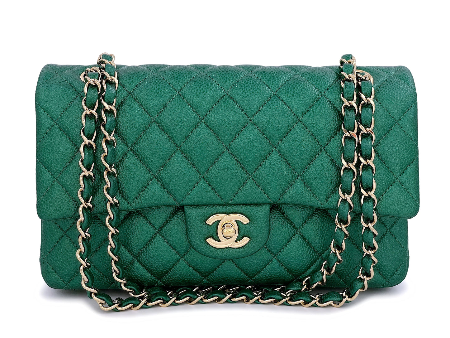 18S Chanel Iridescent Pearly Emerald Green Caviar Medium Classic Double Flap Bag GHW