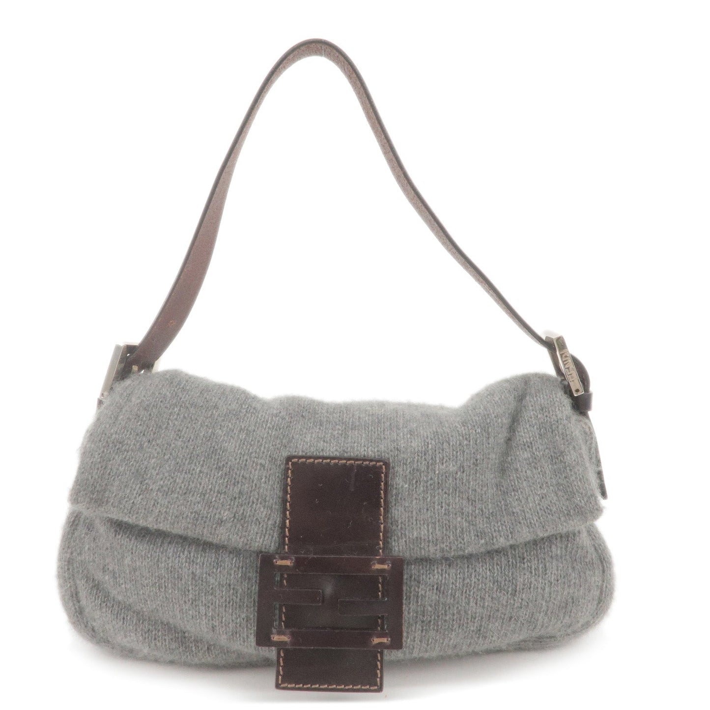 FENDI Mamma Baguette Knit Leather Shoulder Bag Gray 26424