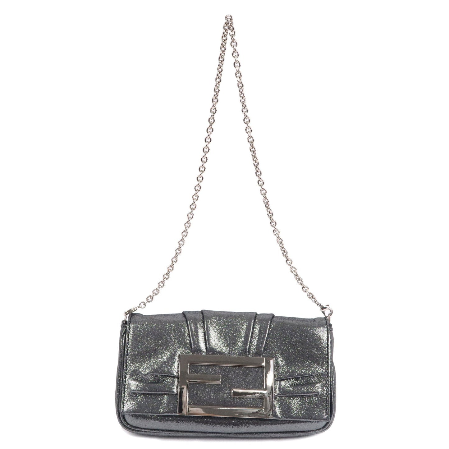 FENDI Satin Canvas Metallic Mia Chain Shoulder Bag Silver 8BP046