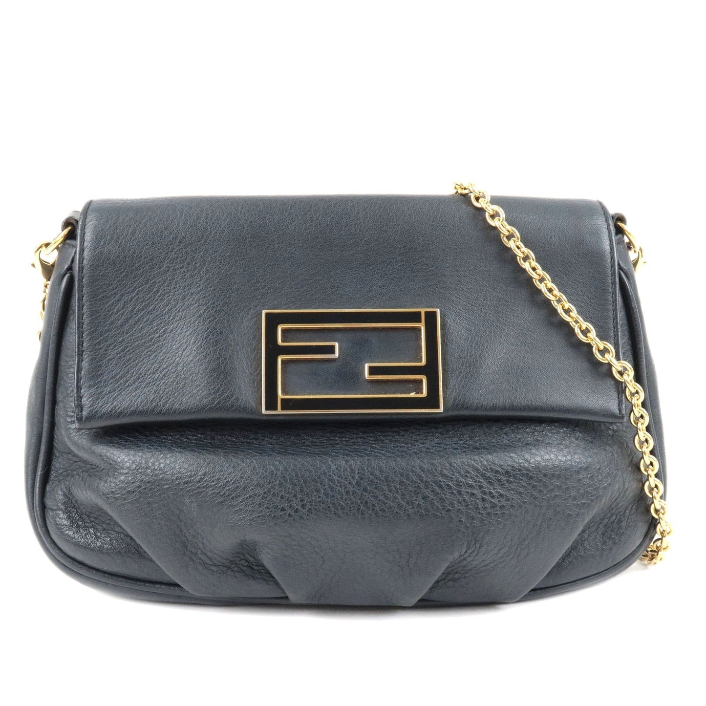 FENDI Leather Chain Shoulder Bag Purse Black 8M0276