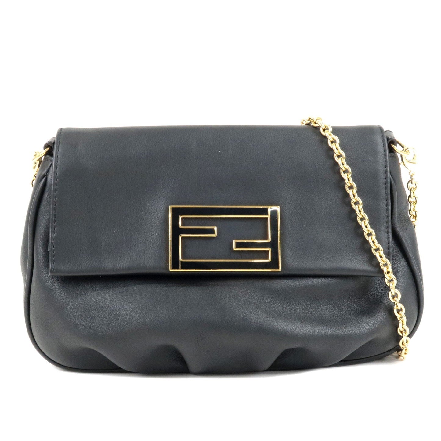 FENDI Leather Chain Shoulder Bag Purse Black 8M0276