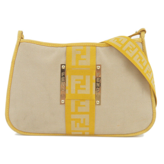 FENDI Logo Canvas Leather Shoulder Bag Beige Yellow 8BT084