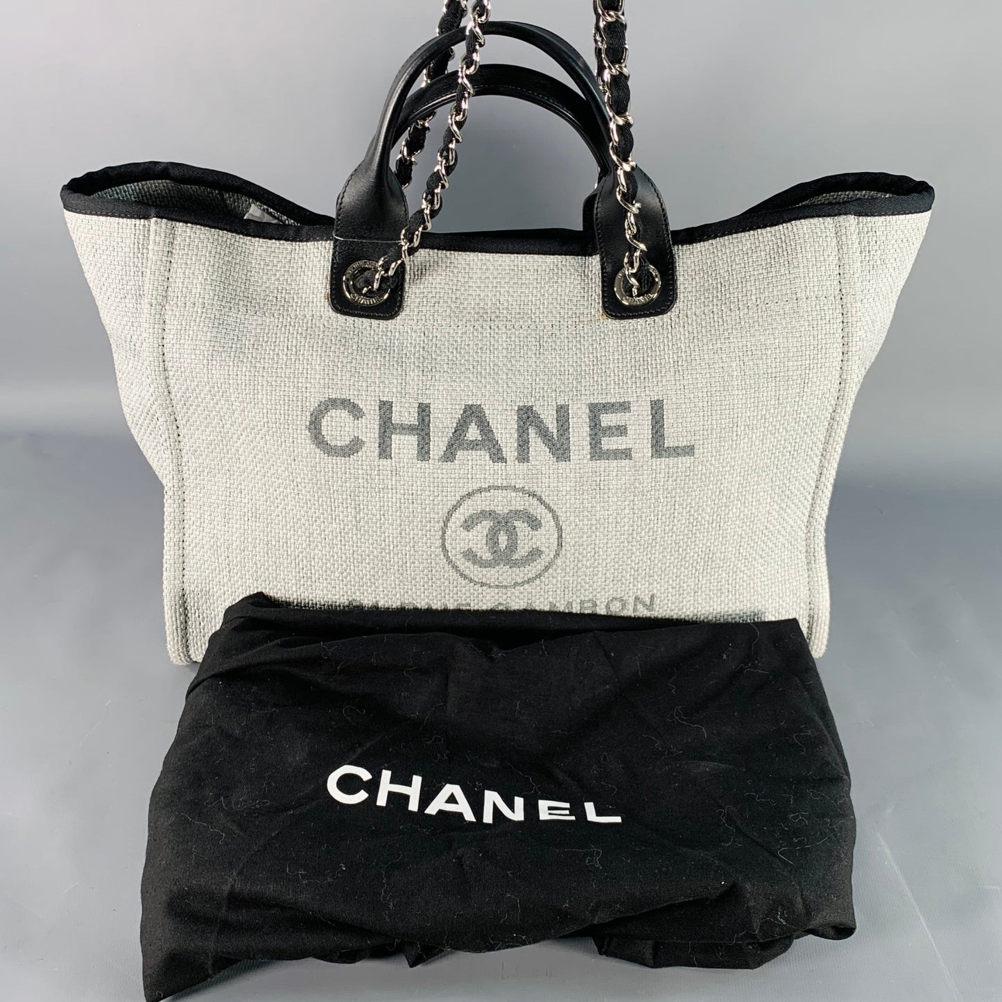 CHANEL Deanville Black Grey Tweed Straw Canvas Tote Leather Handles Handbag