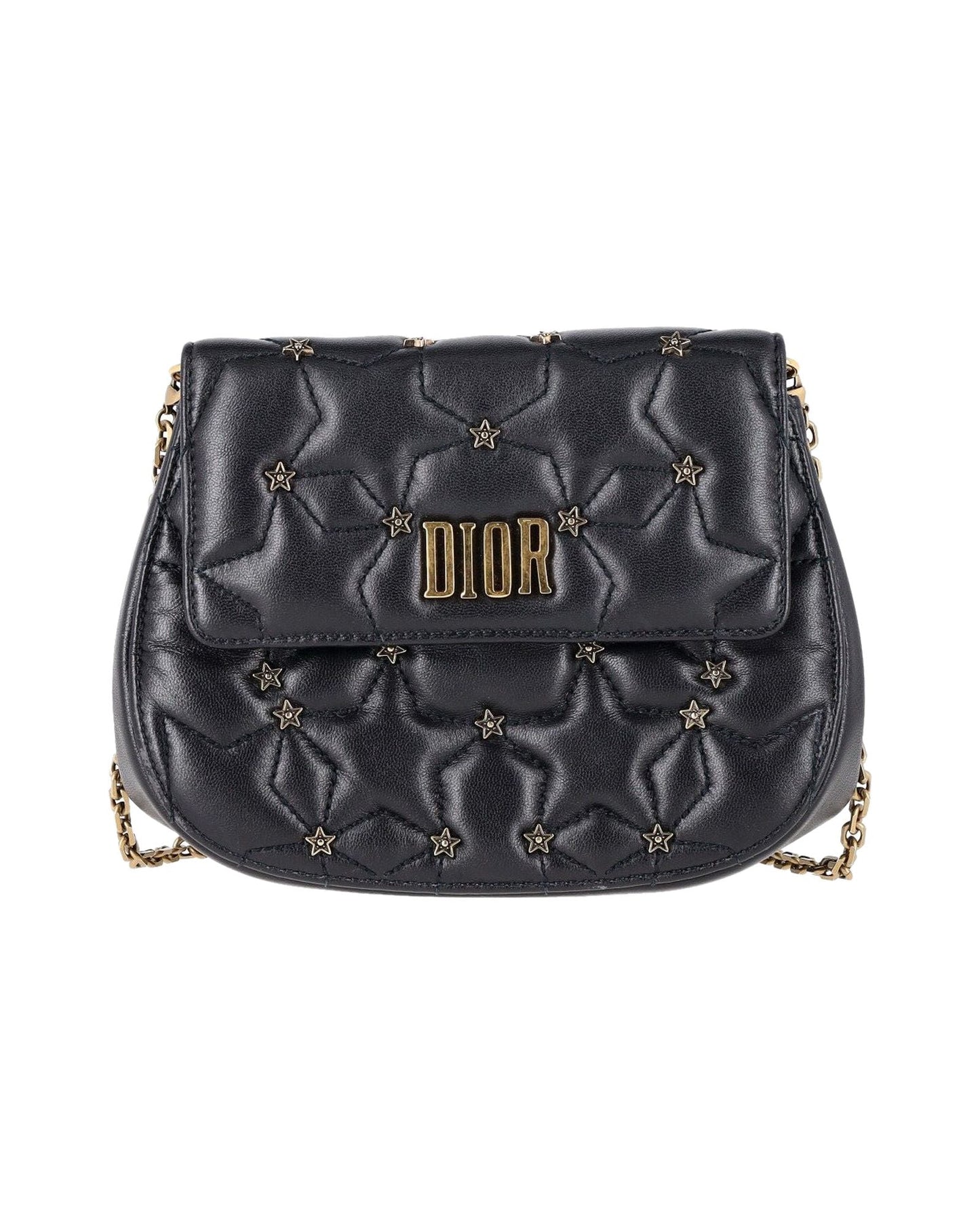 Dior Studded D-Fence Round Clutch with Chain in Black Leather