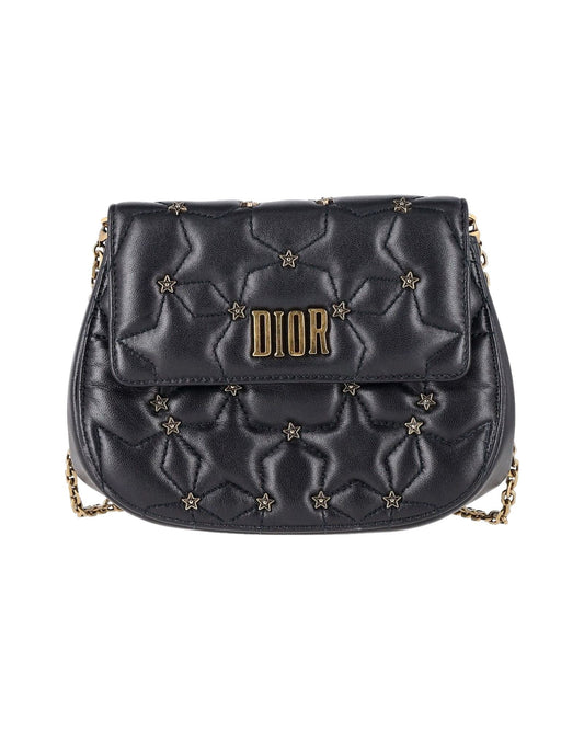 Dior Studded D-Fence Round Clutch with Chain in Black Leather