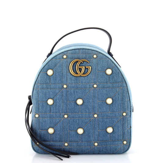 Pearly GG Marmont Backpack Embellished Matelasse Denim Small