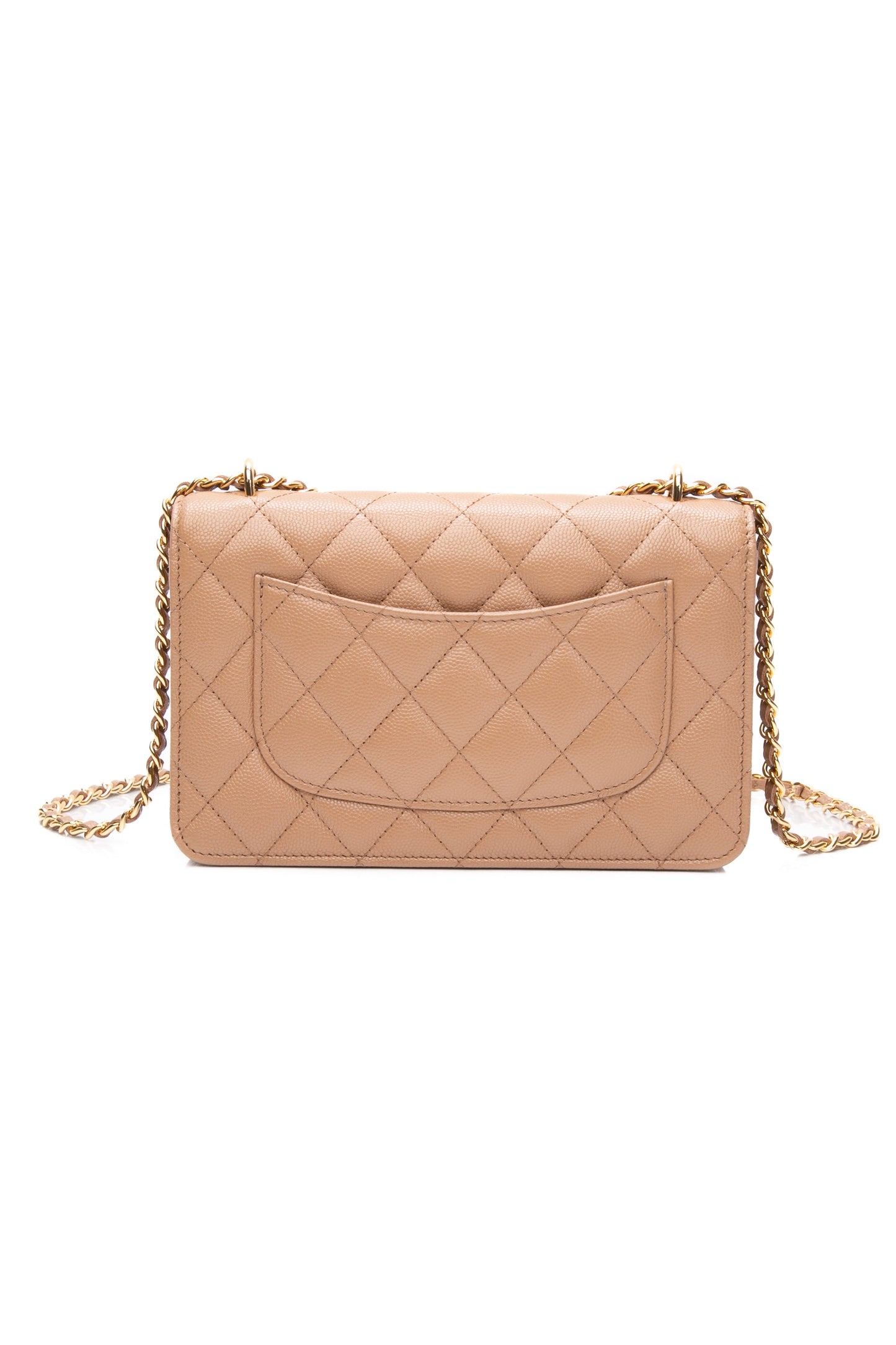 CHANEL Beige Caviar Quilted Pocket Clutch Wallet On Chain WOC