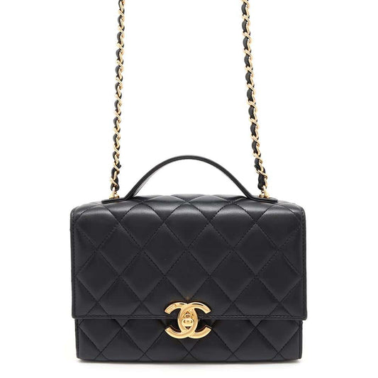 CHANEL Matelasse Side Plate 2WAY Shoulder Bag Black Lambskin