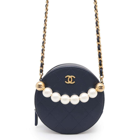 CHANEL Matelasse Round Pearl Shoulder Bag NavyAP0999 Leather Faux Pearl