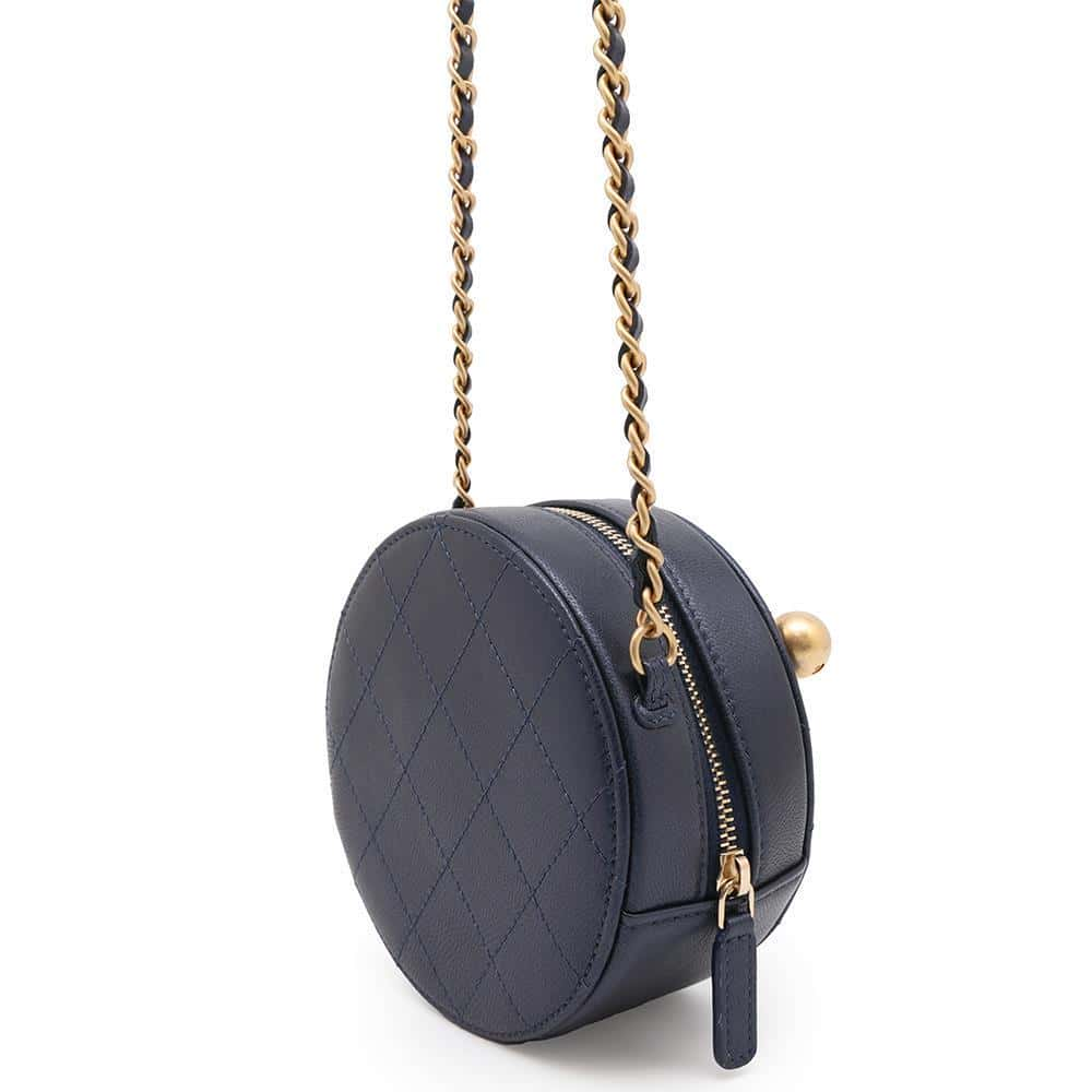 CHANEL Matelasse Round Pearl Shoulder Bag NavyAP0999 Leather Faux Pearl