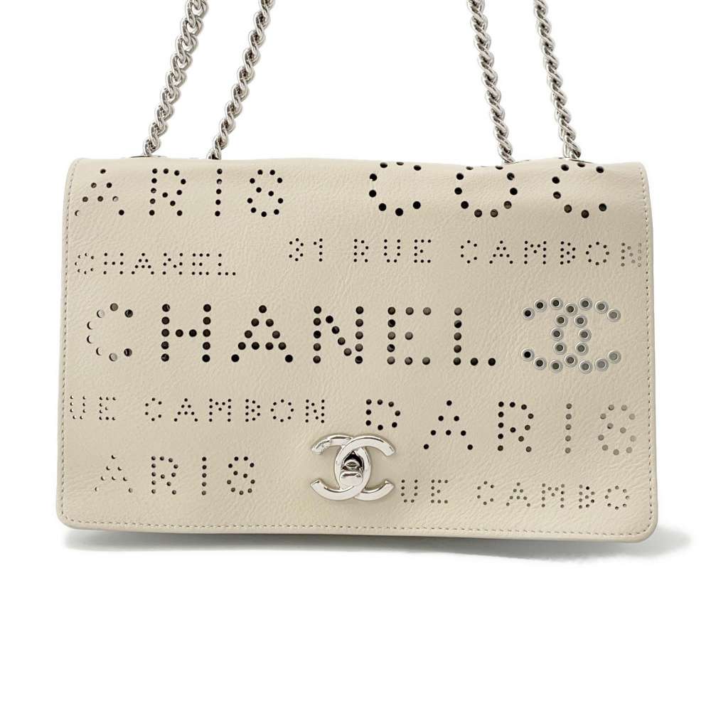 CHANEL Perforated Logo ChainShoulder Bag BeigeA50299 Leather