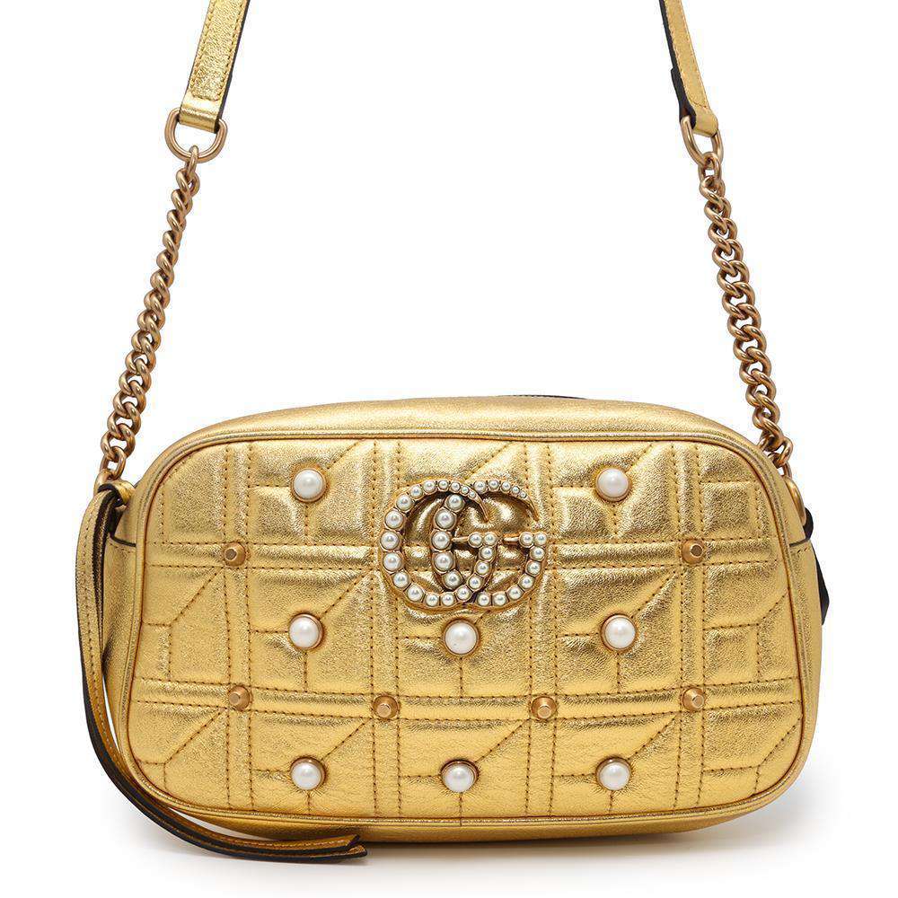 GUCCI GG Marmont Pearl Logo Shoulder Bag Gold447632 Leather Faux Pearl