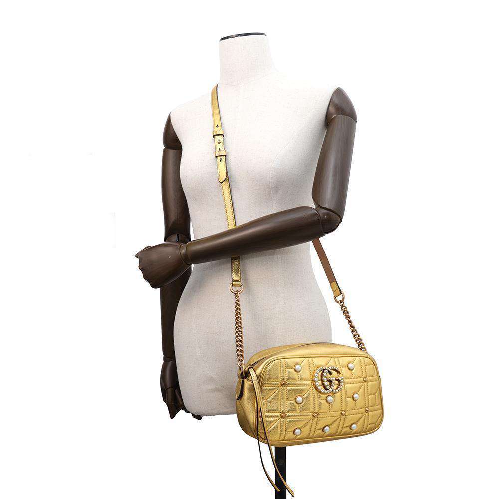 GUCCI GG Marmont Pearl Logo Shoulder Bag Gold447632 Leather Faux Pearl