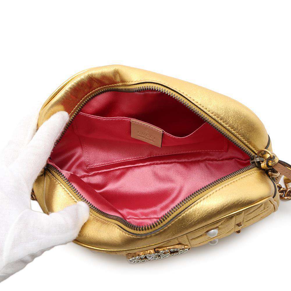 GUCCI GG Marmont Pearl Logo Shoulder Bag Gold447632 Leather Faux Pearl