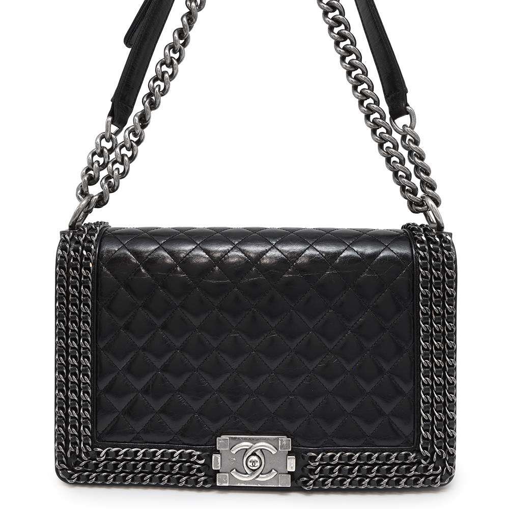 CHANEL Boy Chanel Shoulder Bag Black Shiny Calf Leather Size 28