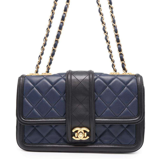 CHANEL Matelasse Single Flap ChainShoulder Bag Navy/BlackA90670 Lambskin