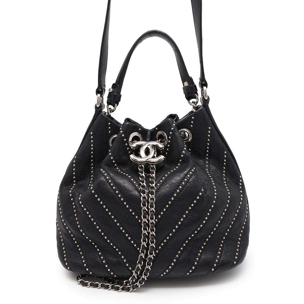 CHANEL Chevron Studded Drawstring BagShoulder Bag Black Leather