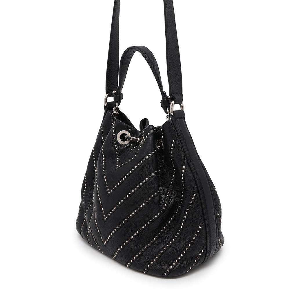 CHANEL Chevron Studded Drawstring BagShoulder Bag Black Leather