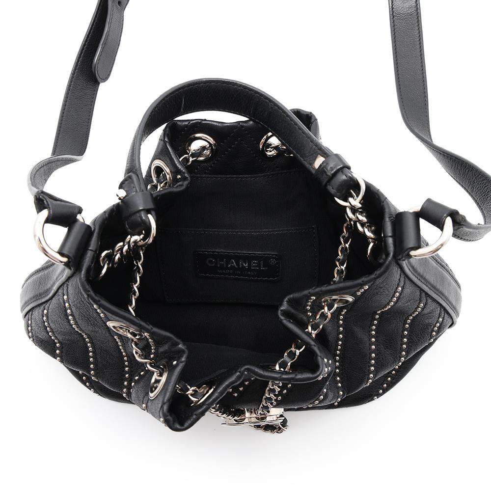 CHANEL Chevron Studded Drawstring BagShoulder Bag Black Leather